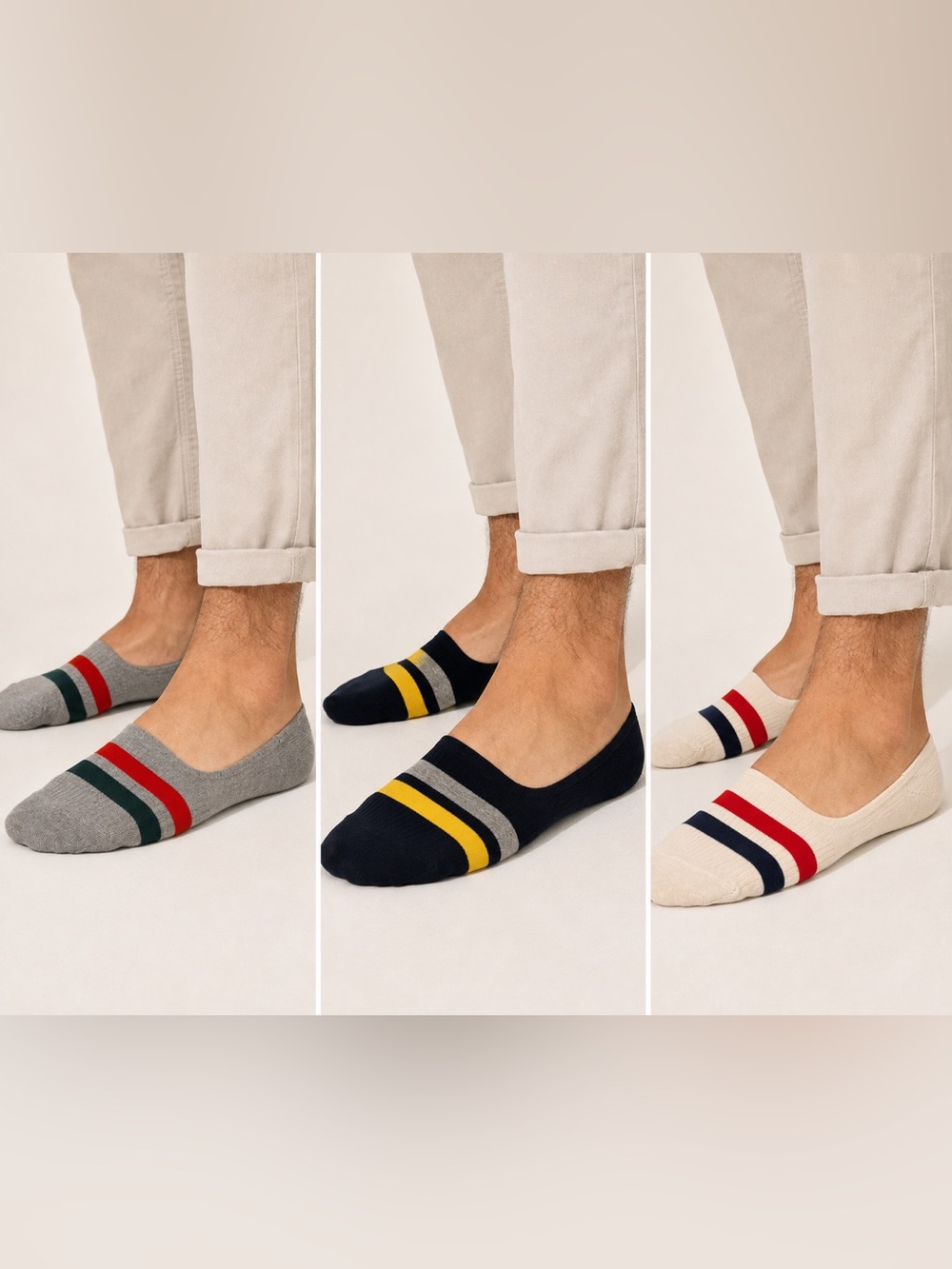 No-Show Men's Socks with Yellow & Gray Stripes